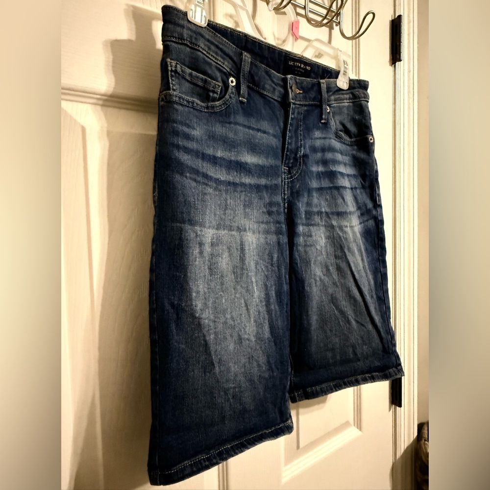 Lucky Brand Bermuda Jean Shorts | Dark Wash Denim w/ Tan Logo Patch - Picture 4 of 16